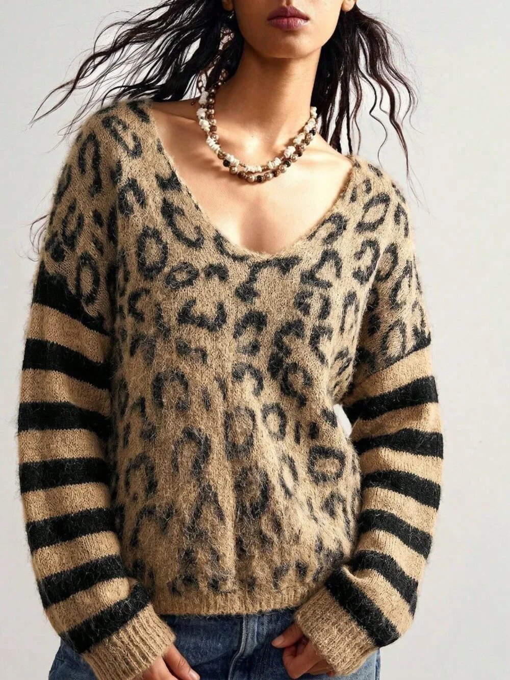 Multicolor Casual Women's V-Neck Sweater Set